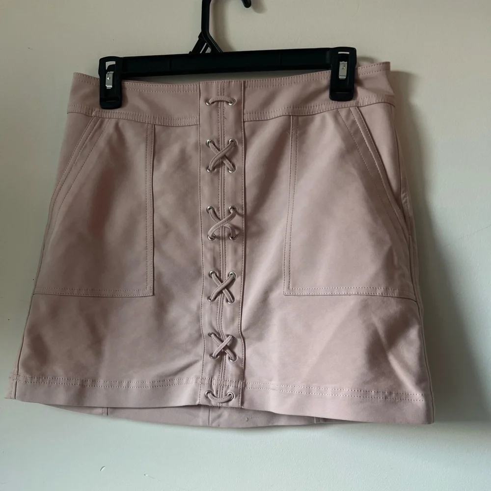 Express Blush Pink Faux Mini Skirt with Lace-Up Front – Size 6